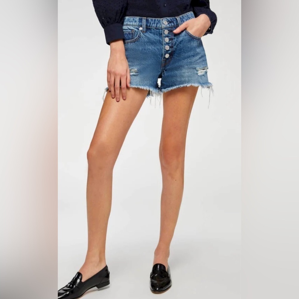 7 For All Mankind Monroe Cutoffs w/ Exposed Buttons in Pisces Blue Rigid
